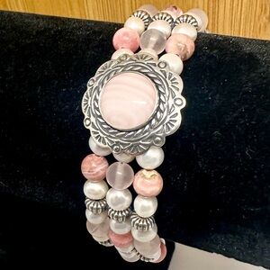 CAROLYN POLLACK Pink Rhodonite Rhodochrosite Quartz Mother Pearl Toggle Bracelet